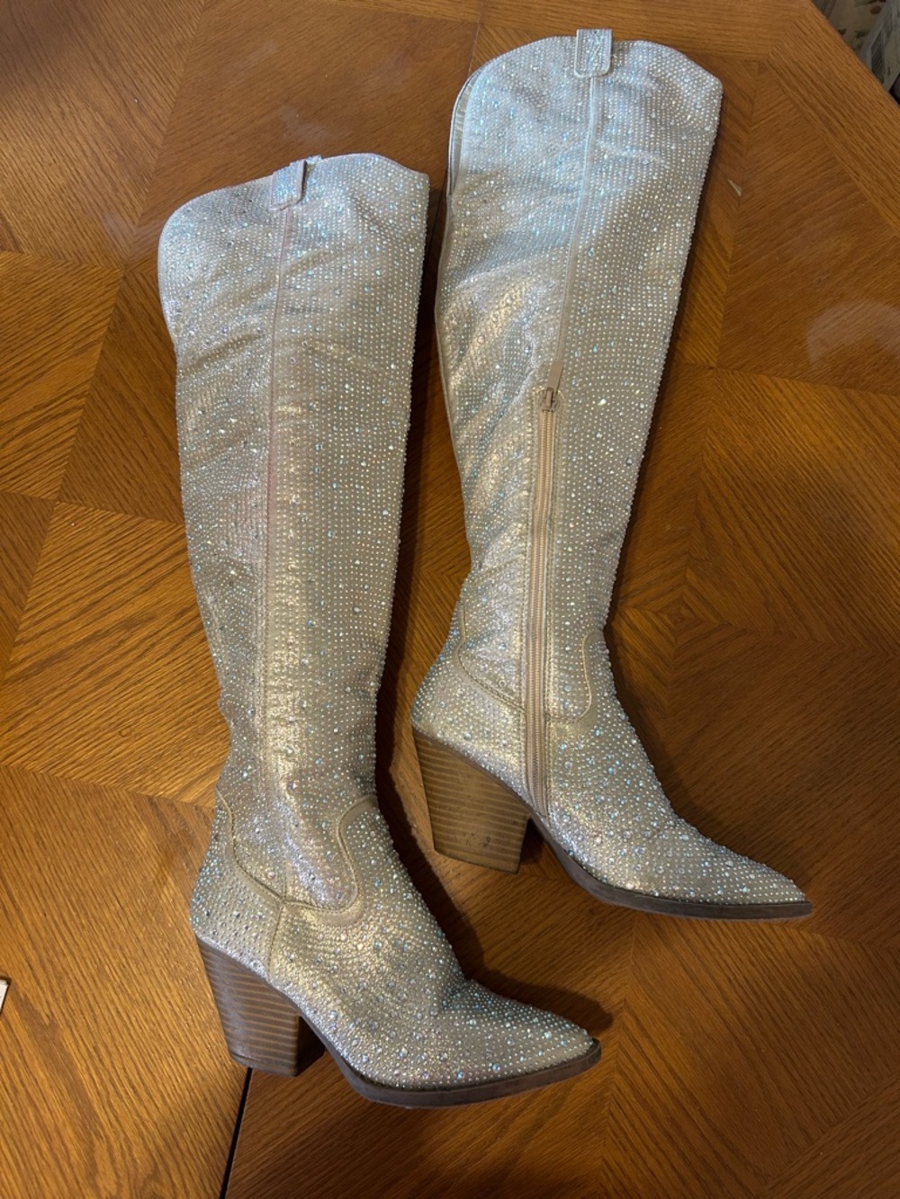Crystal-Embellished Knee-High Western Boots in Silver